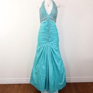 teal beaded halter gown ruched y2k prom dress mermaid size S